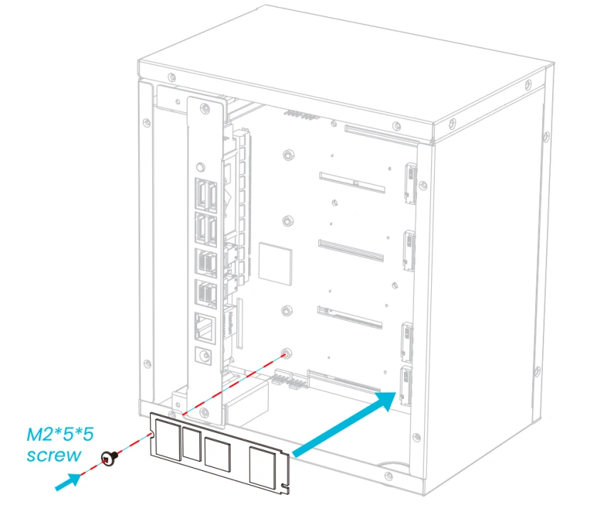 An M.2 NVMe SSD being installed in Cluster Box with an M2 screw