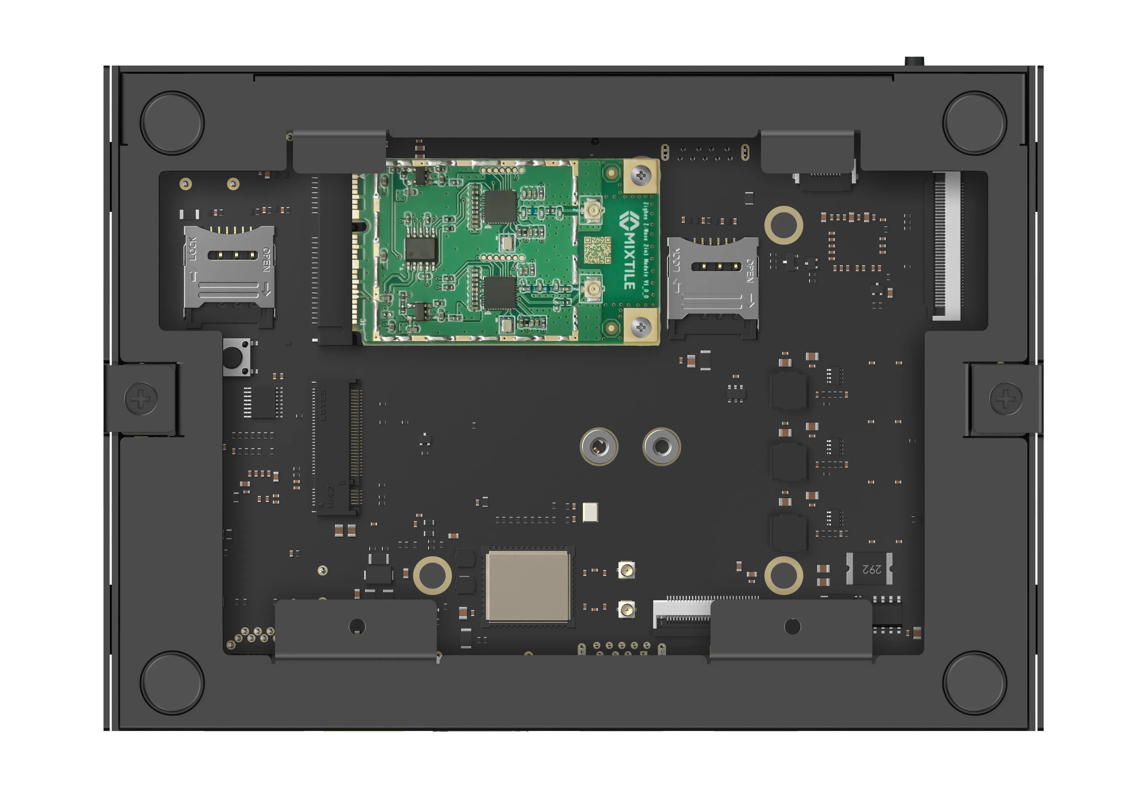 The Zigbee and Z-Wave module installed in the Mini PCIe socket of an Edge 2 Kit with the bottom cover removed