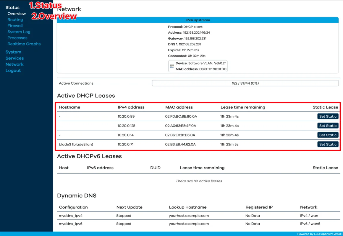 Active DHCP Leases on the Cluster Box web page, listing four Blade 3 nodes