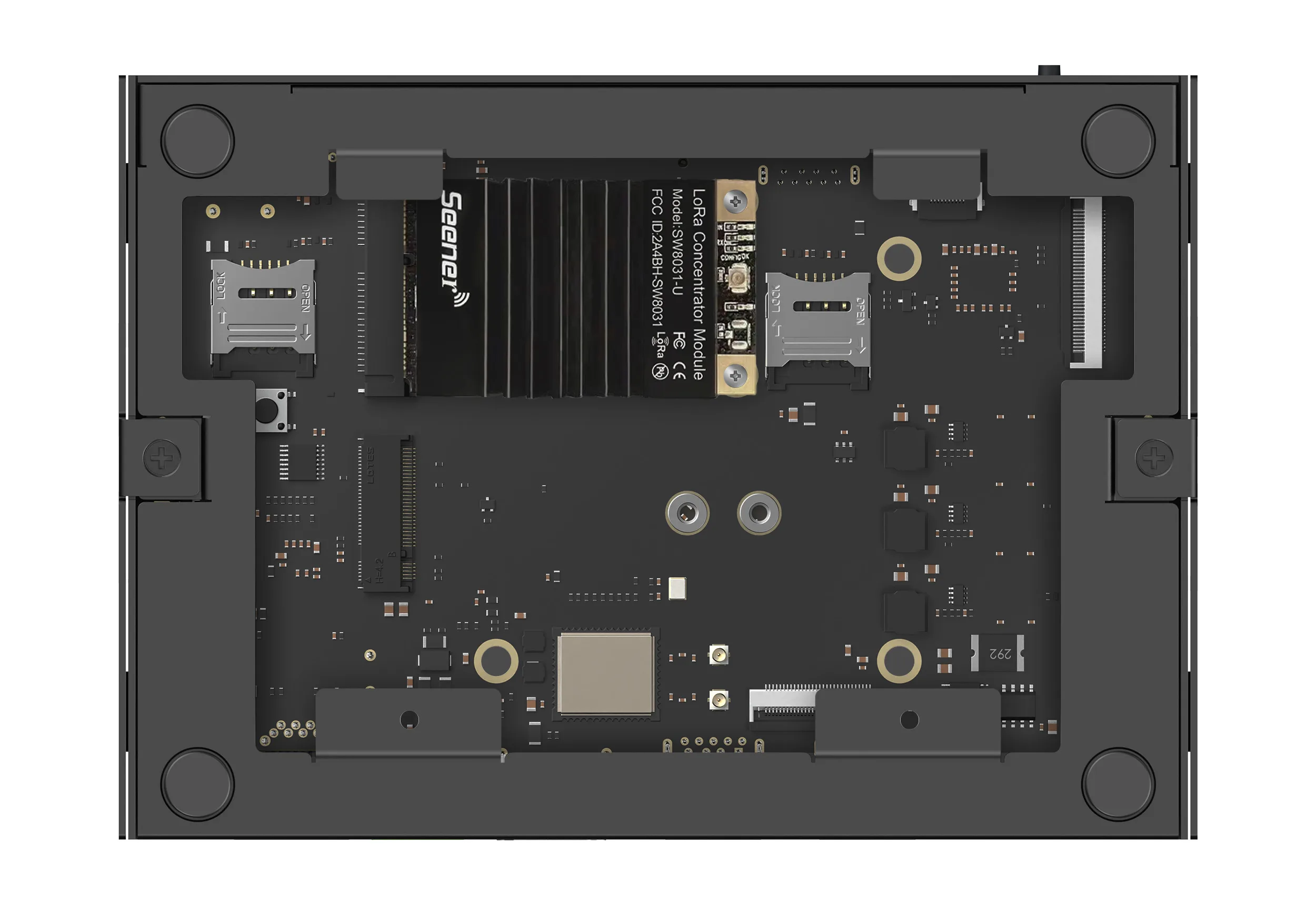 A LoRa concentrator module installed in the Mini PCIe socket of Edge 2 and secured with its screws