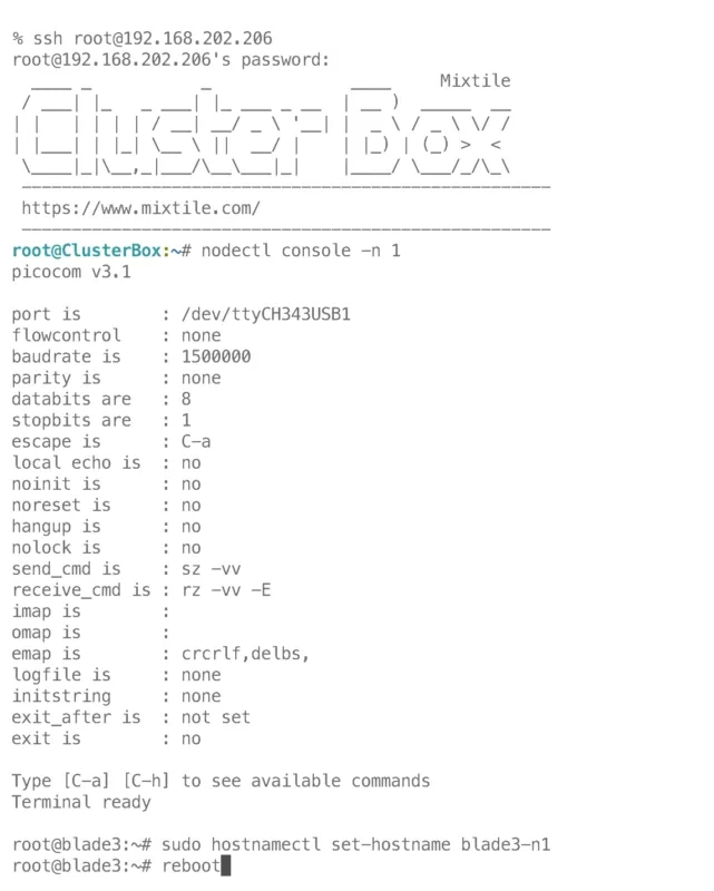 Terminal session: SSH login to Cluster Box, nodectl console -n 1, and hostnamectl on the node