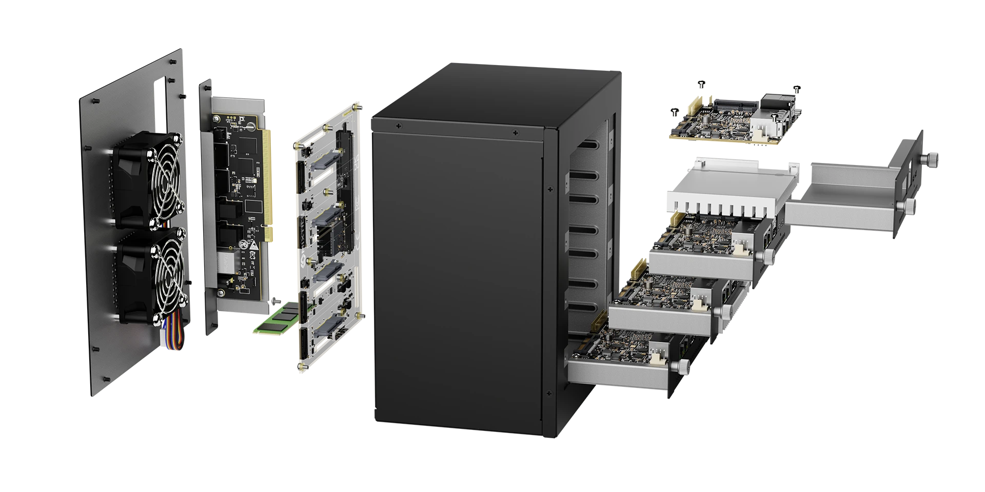 Exploded view of Cluster Box: rear panel with two fans, control board, backplane with M.2 slots, chassis, and Blade 3 boards in their trays