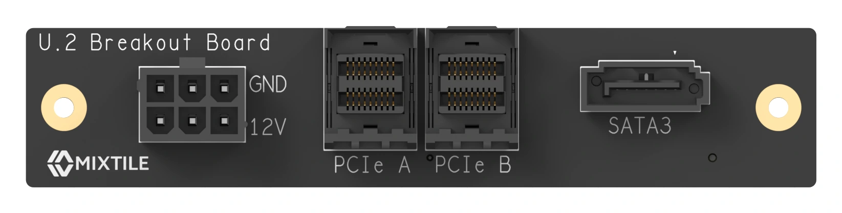 Blade 3 Breakout Board with its 12 V and GND power connector, the PCIe A and PCIe B connectors, and the SATA3 socket