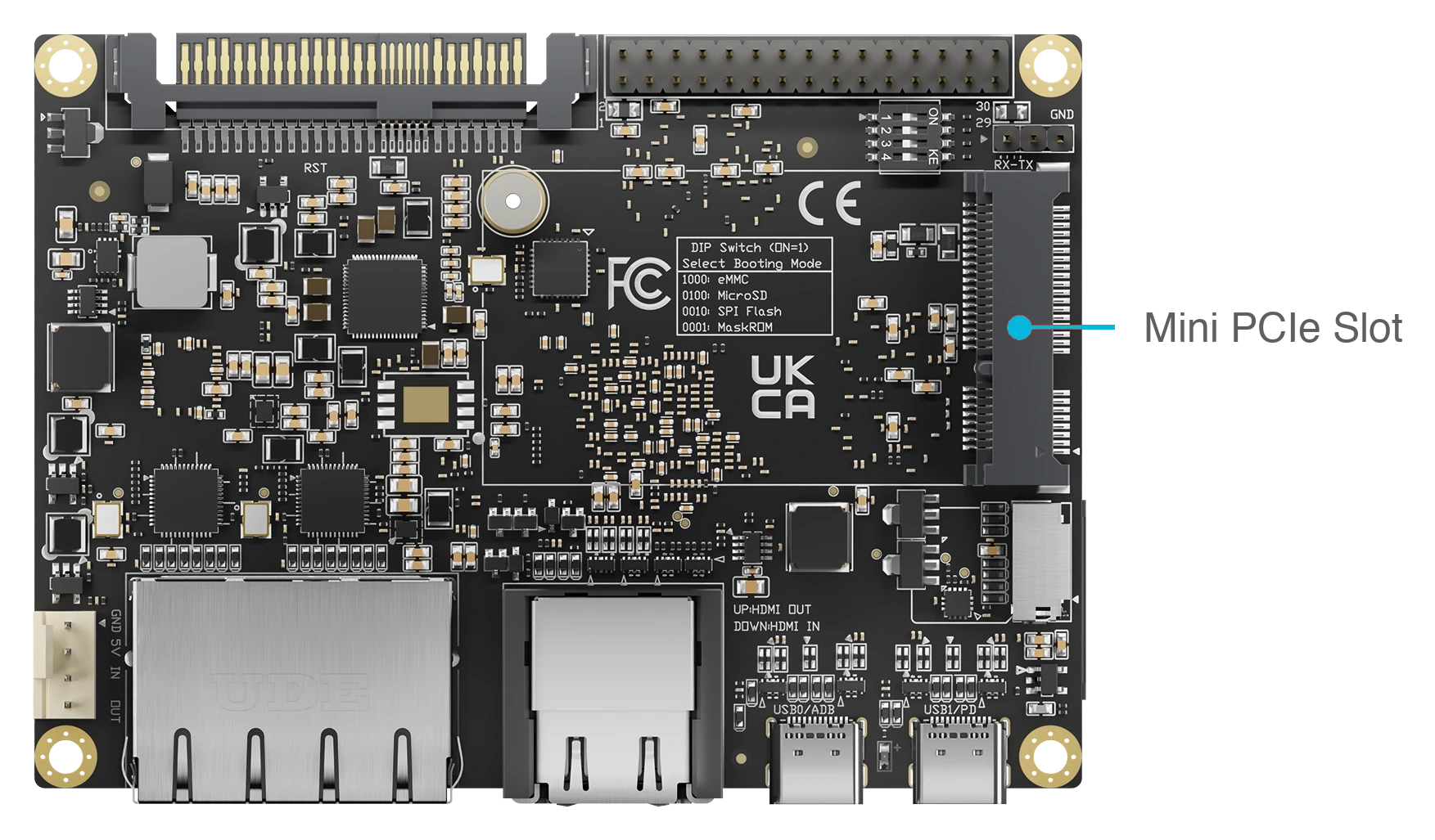 Top view of Blade 3 with a callout pointing to the Mini PCIe slot on the right side of the board