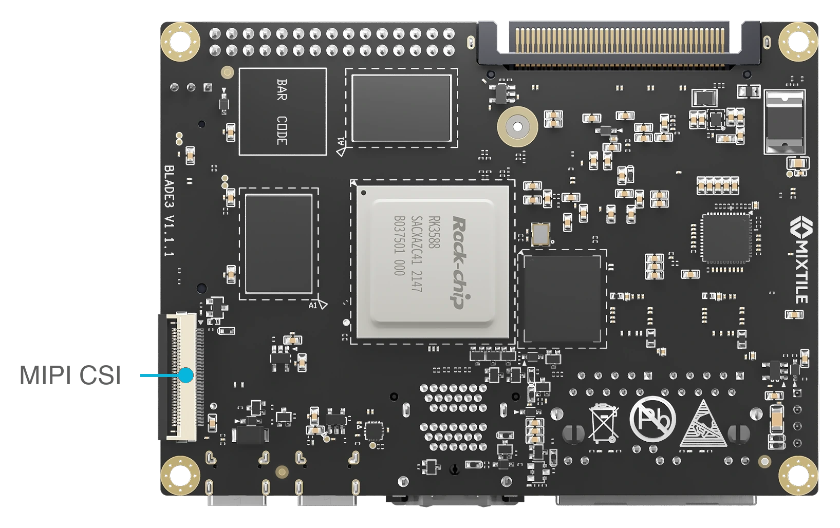 Bottom view of Blade 3 with a callout pointing to the MIPI CSI camera connector at the left edge
