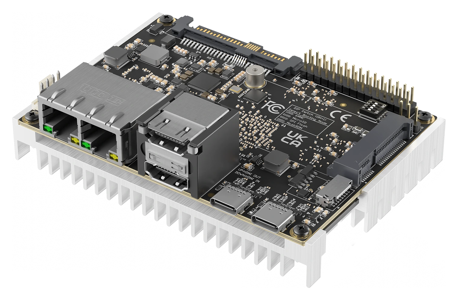 Mixtile Blade 3 with its heatsink, showing the Ethernet, HDMI and USB-C ports