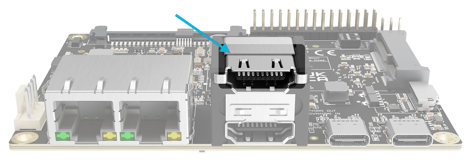Front edge of Blade 3 with an arrow pointing to HDMI OUT, the upper HDMI port