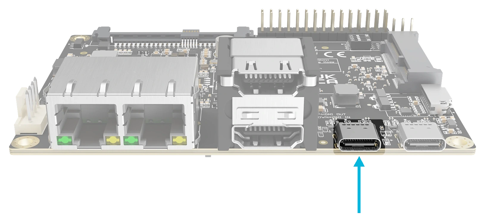 Front edge of Blade 3 with an arrow pointing to USB0, the USB-C port next to the HDMI ports