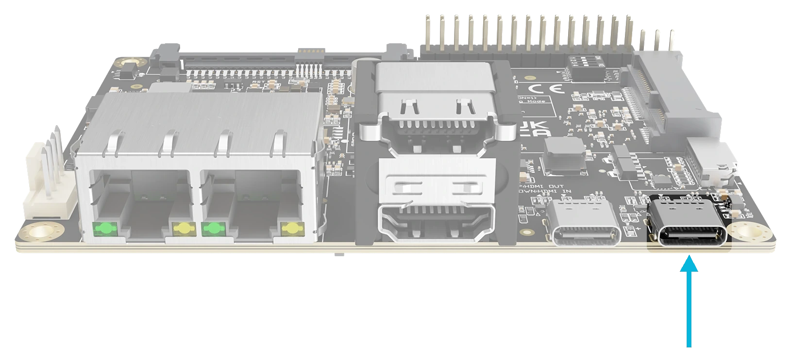 Front edge of Blade 3 with an arrow pointing to USB1, the USB-C port near the corner