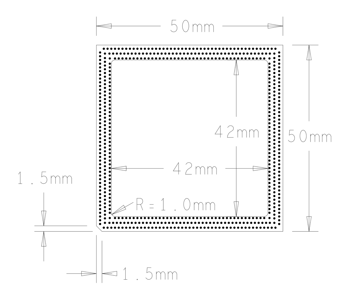 Bottom view drawing of the carrier board: 50 mm x 50 mm outline, 42 mm x 42 mm inner dimensions with R = 1.0 mm corners, and 1.5 mm chamfer