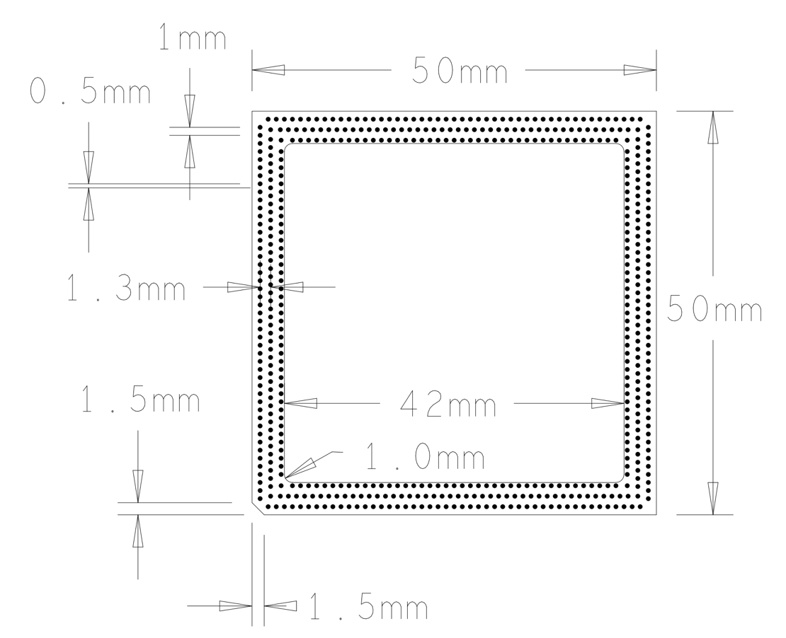 Top view drawing of the carrier board: 50 mm x 50 mm outline, 42 mm inner dimension with 1.0 mm corner radius, 1.5 mm chamfer, and 0.5 mm, 1 mm and 1.3 mm pad dimensions