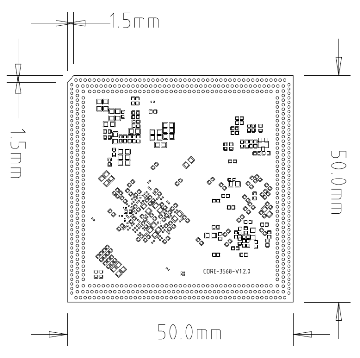 Bottom view drawing of Core 3568, 50.0 mm x 50.0 mm, with the pads along the edges and the 1.5 mm chamfered corner at the upper left