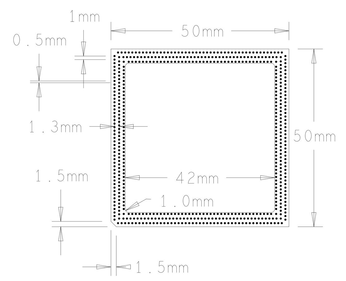 Top view drawing of the carrier board: 50 mm x 50 mm outline, 42 mm inner dimension with 1.0 mm corner radius, 1.5 mm chamfer, and 0.5 mm, 1 mm and 1.3 mm pad dimensions