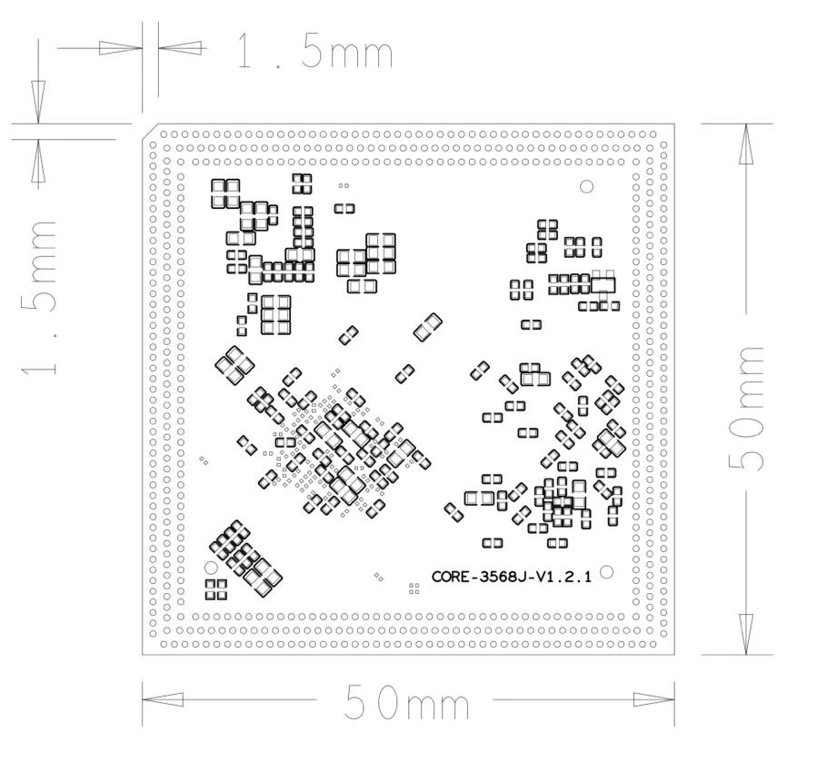 Bottom view drawing of Core 3568J, 50 mm x 50 mm, with the pads along the edges and the 1.5 mm chamfered corner at the upper left