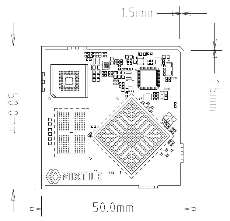 Top view drawing of Core 3568J, 50.0 mm x 50.0 mm, with the 1.5 mm chamfered corner at the upper right
