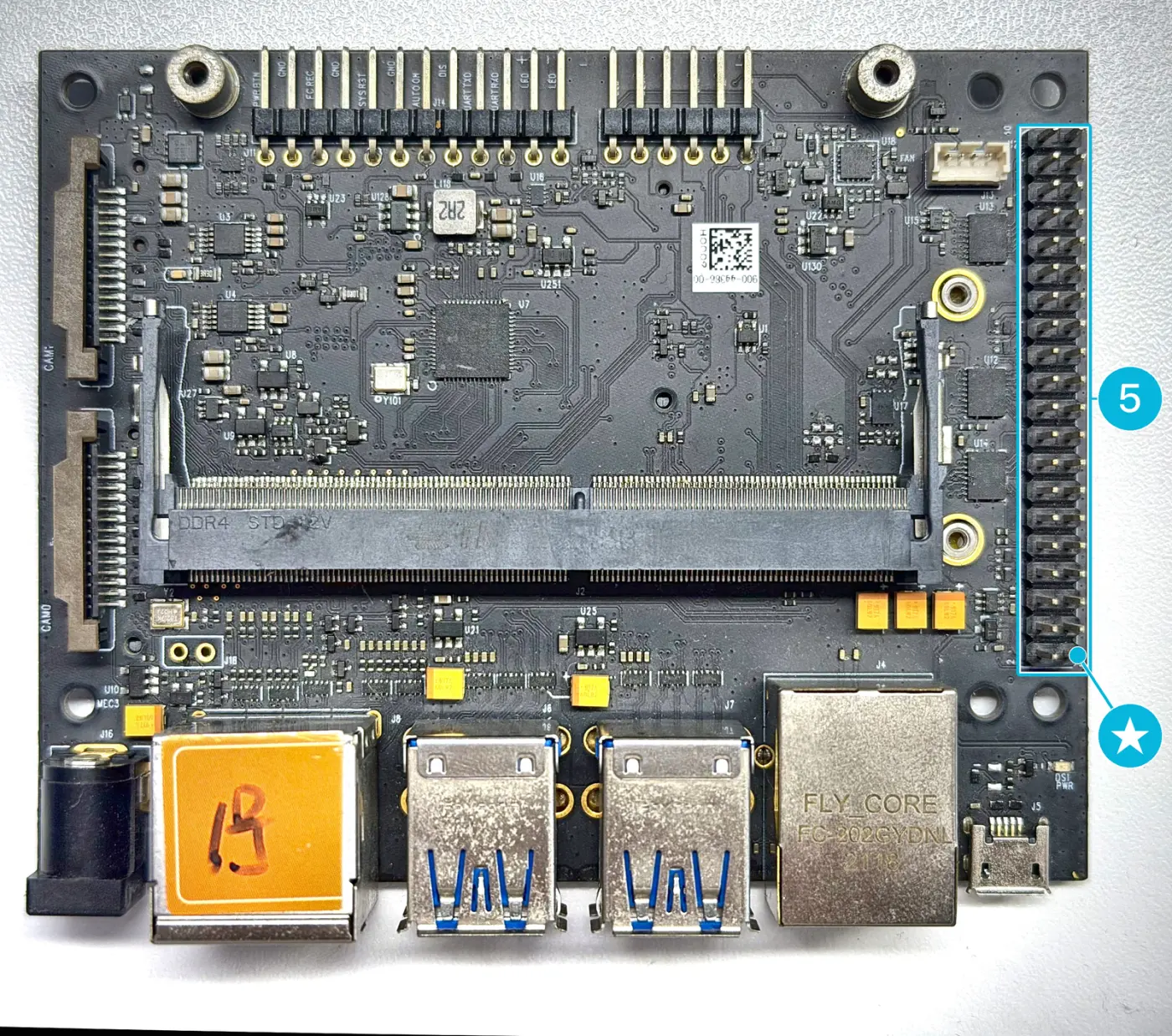 Top side of the Leetop A206 with marker 5 on the 40-pin header along the right edge, and a star on pin 1 at its lower end