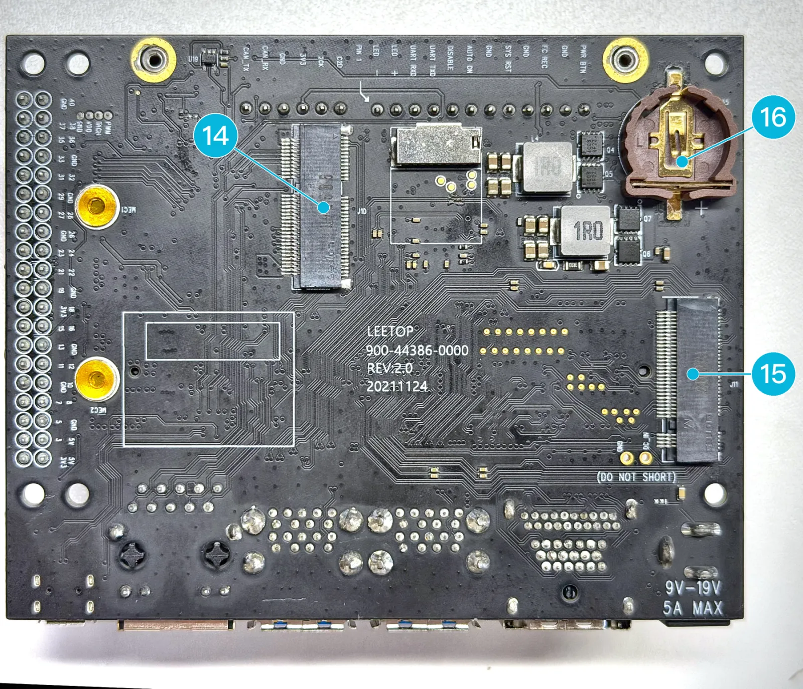 Bottom side of the Leetop A206 with numbered markers 14 to 16: M.2 Key E socket J10, M.2 Key M socket J11 and RTC battery holder