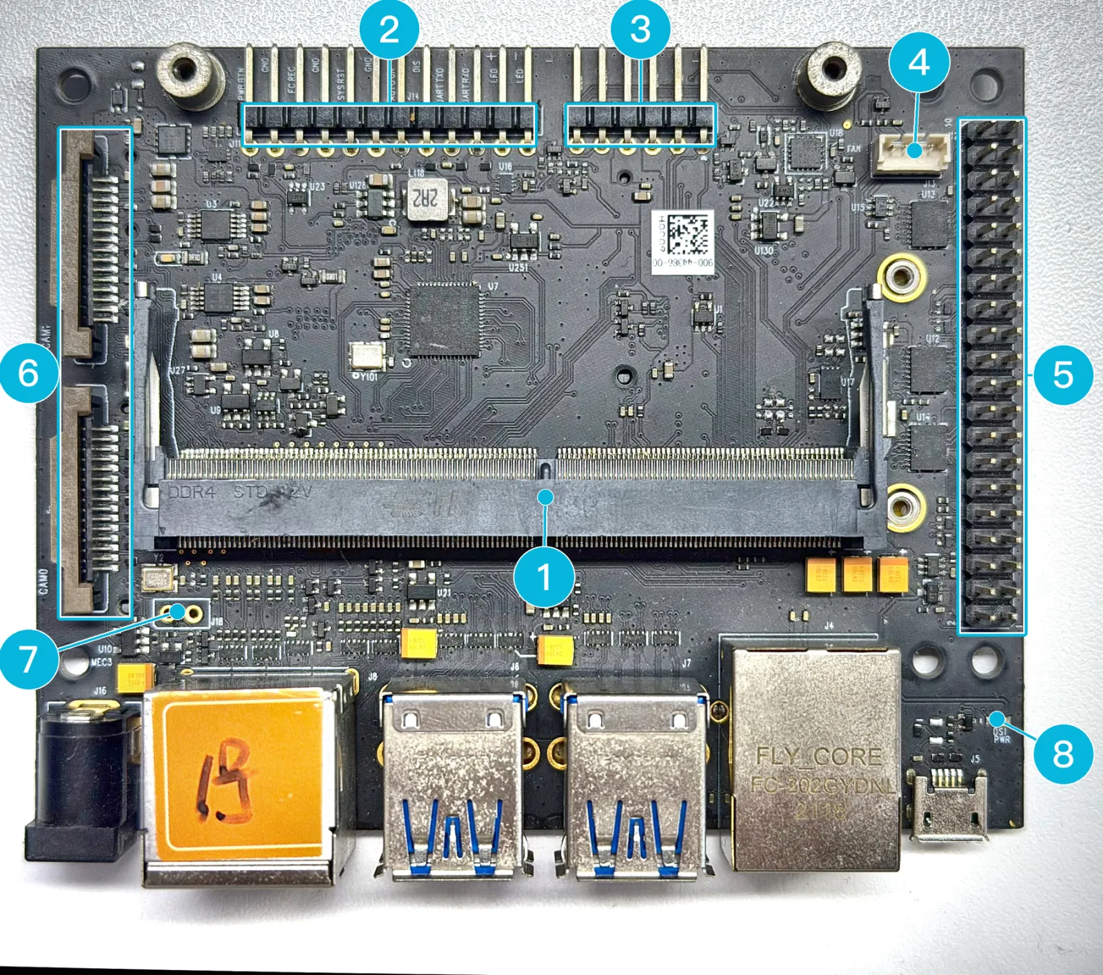 Top side of the Leetop A206 with numbered markers 1 to 8: SO-DIMM socket, button header, CAN header, fan header, 40-pin header, two CSI camera connectors, PoE header and power LED
