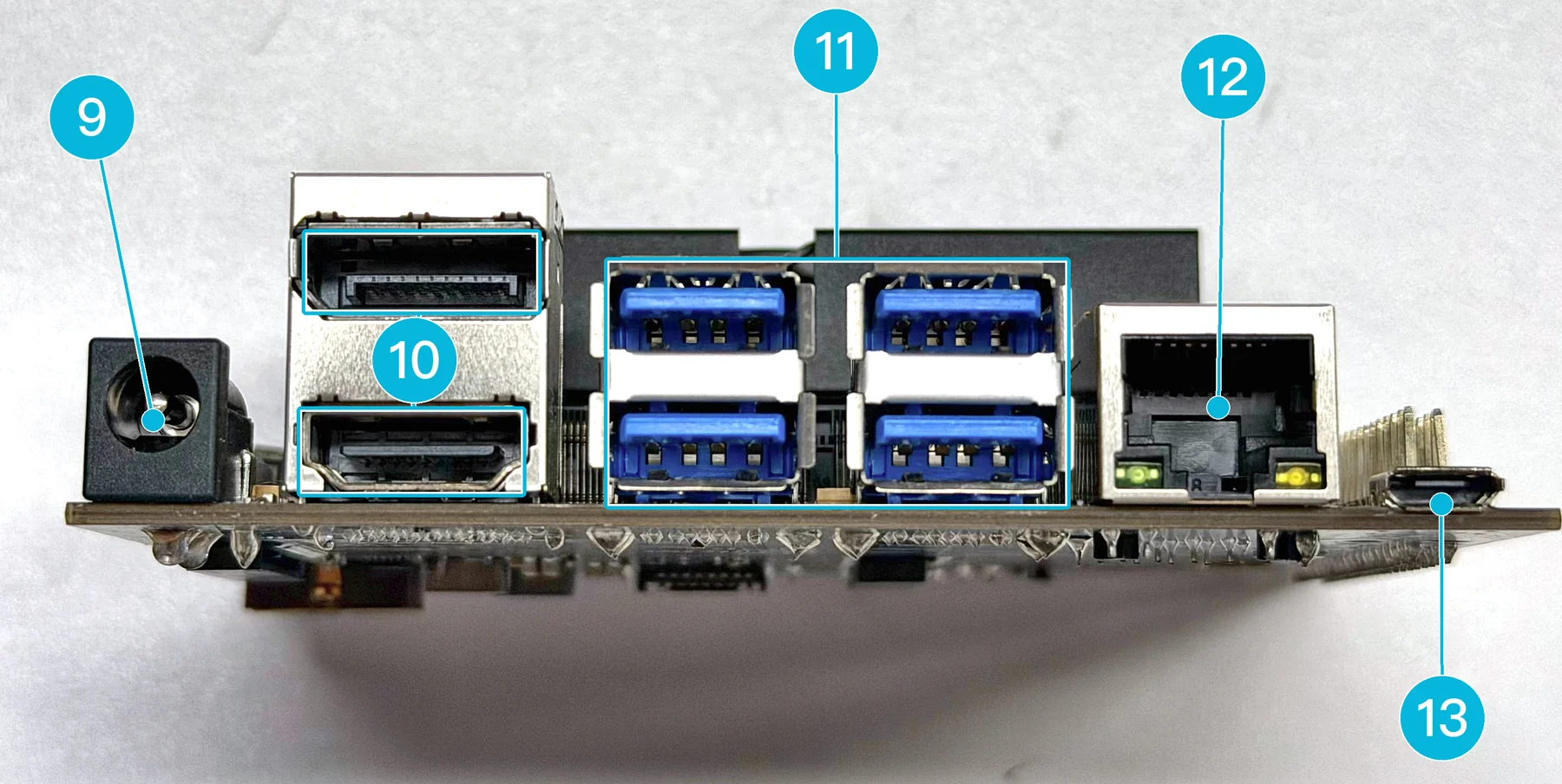Rear edge of the Leetop A206 with numbered markers 9 to 13: DC power jack, the stacked DP and HDMI connector, four USB 3.0 ports, Ethernet and micro-USB