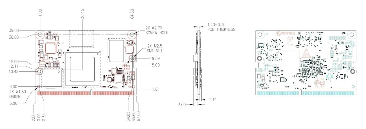Outline drawing of Core 3588E: top view with the positions of the two screw holes and the two M2.5 nuts, side view with a 1.20 mm board thickness, and bottom view