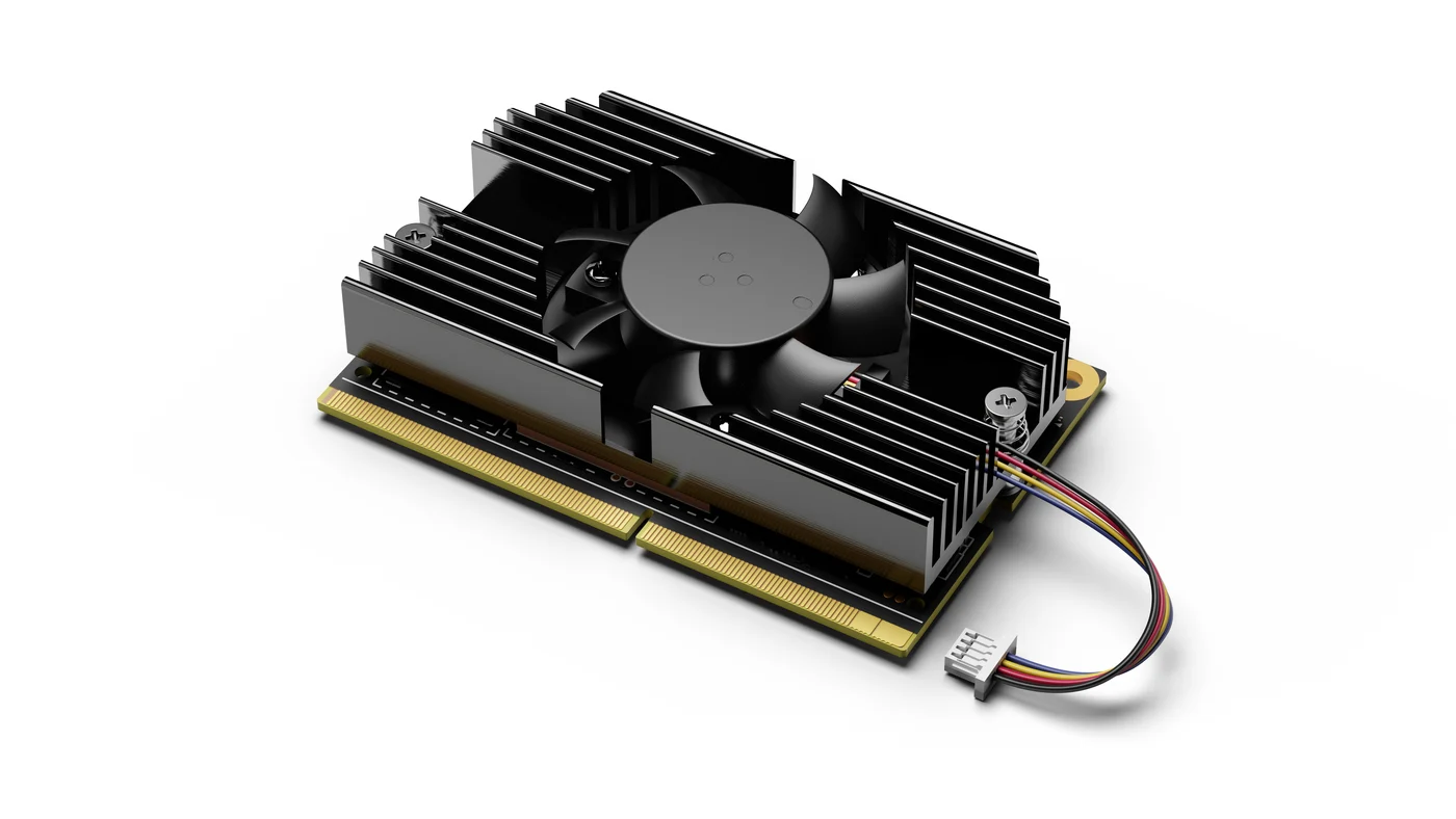Core 3588E Heatsink mounted on the module, with the fan and its four-wire cable