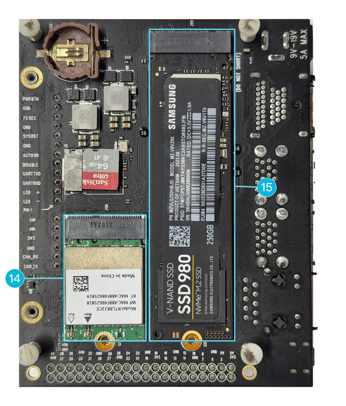 Bottom side of the Leetop A206 with an NVMe SSD in the M.2 Key M socket, marker 15, and a Wi-Fi and Bluetooth card in the M.2 Key E socket, marker 14