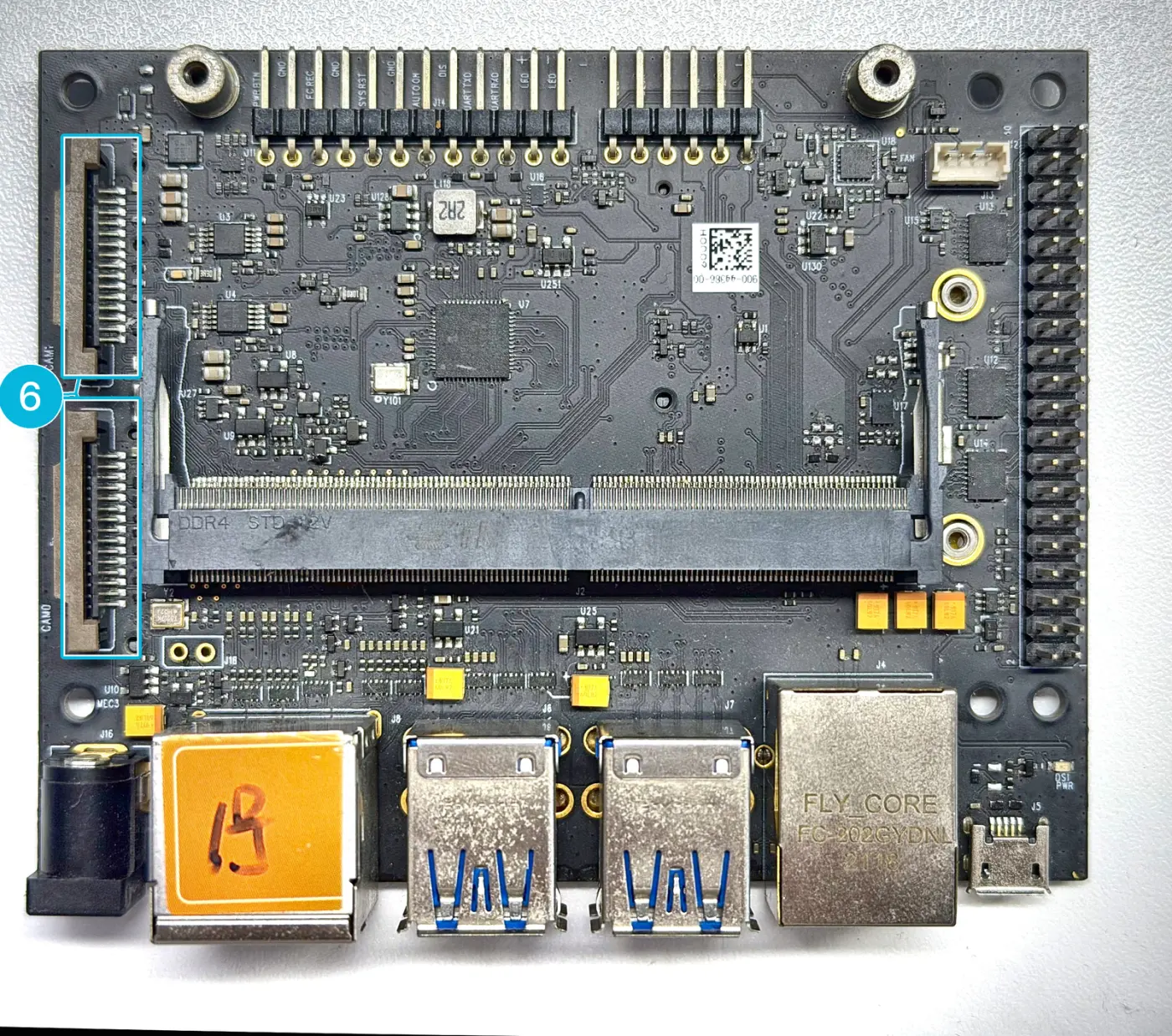 Top side of the Leetop A206 with marker 6 on the two camera connectors along the left edge: CAM1 above, CAM0 below