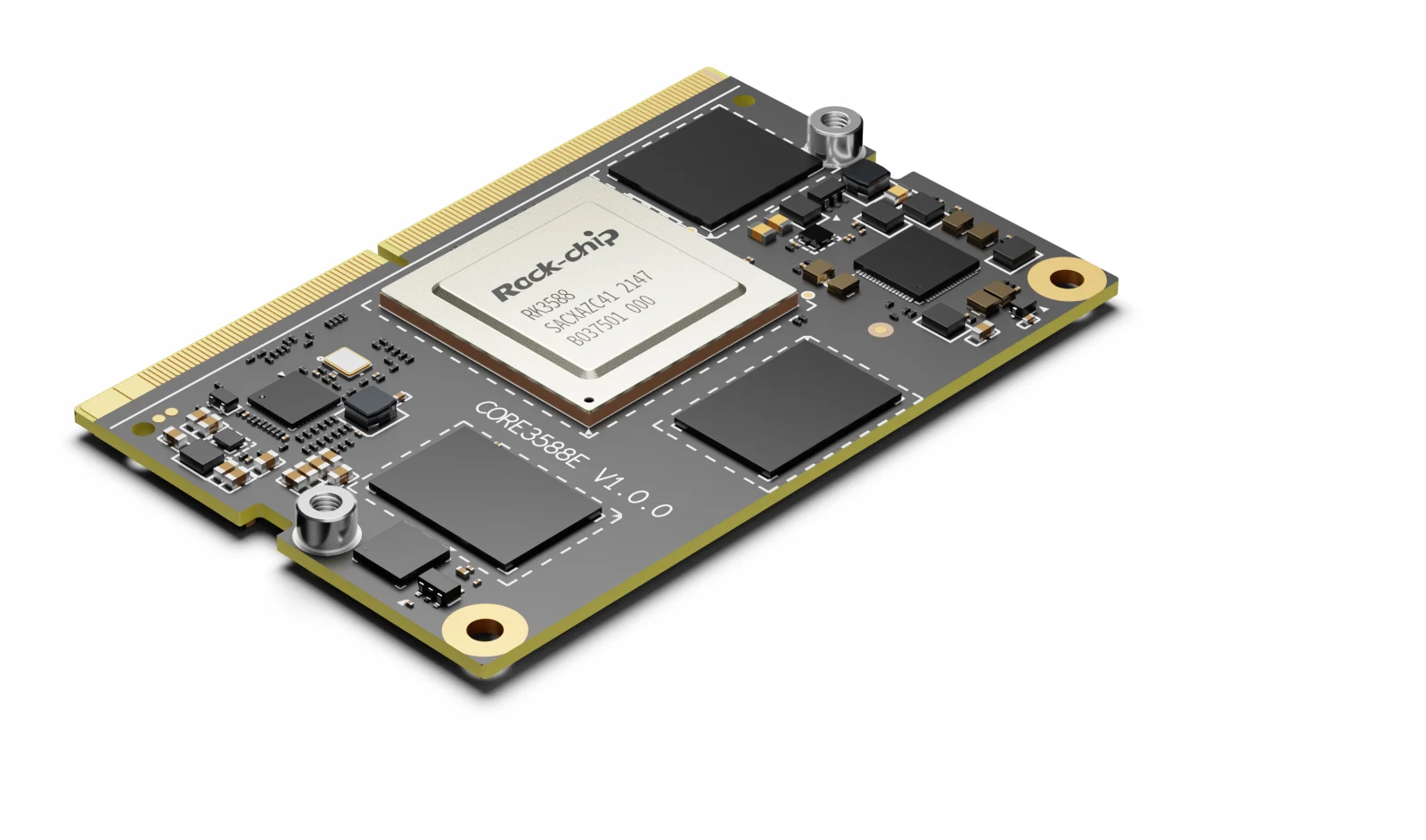 Mixtile Core 3588E module, showing the RK3588, the memory and the gold edge connector