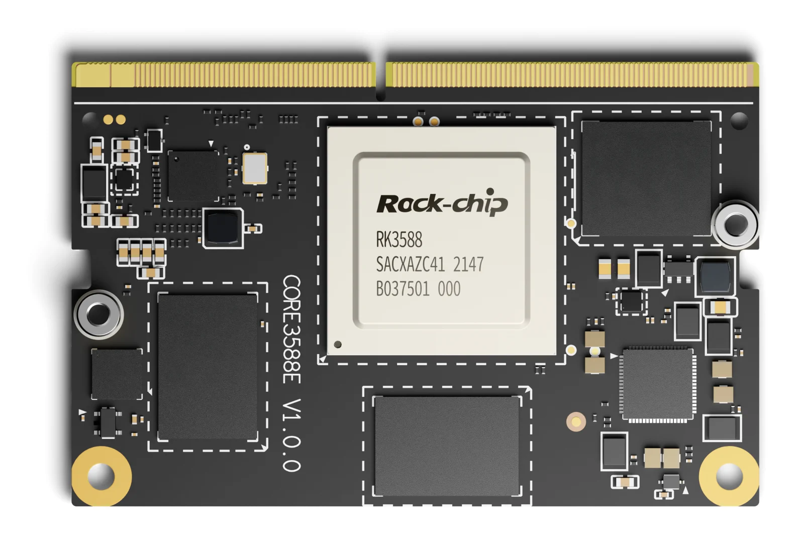 Top side of Core 3588E: the RK3588, the memory, the eMMC and the power circuitry, with the 260-pin edge connector along the top