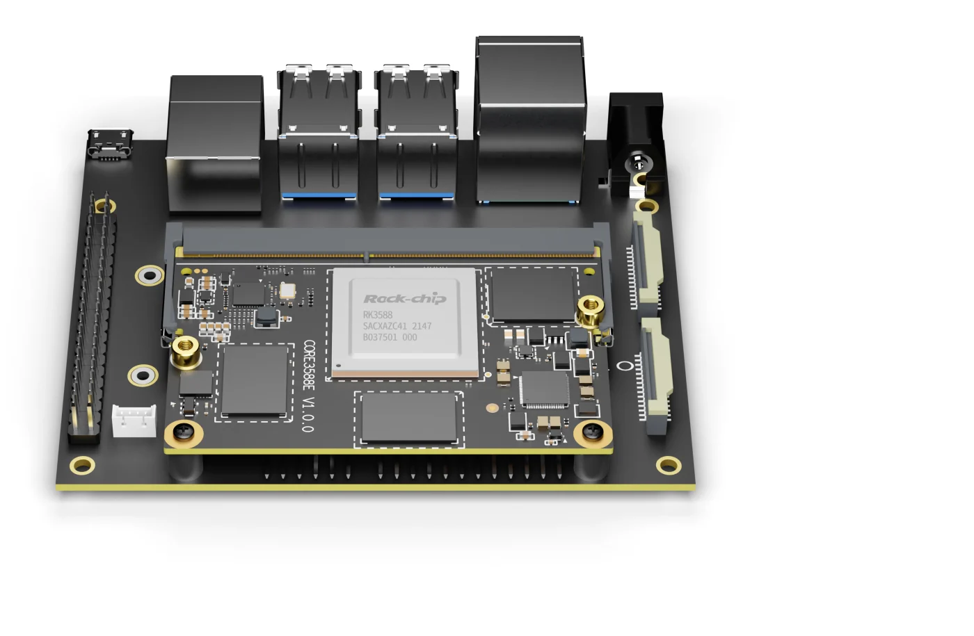 Core 3588E seated in the SO-DIMM socket of the carrier board and fastened with two screws at the corners opposite the socket