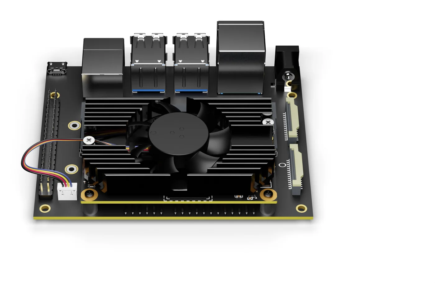 Core 3588E with the heatsink installed, on a carrier board, with the fan cable connected to the carrier board