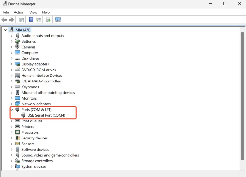 The converter listed under Ports (COM &amp; LPT) in Device Manager