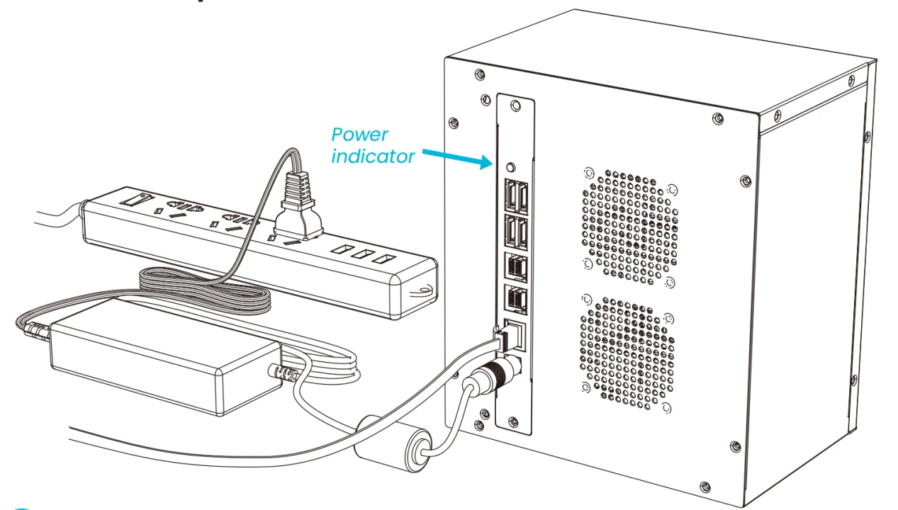 Rear panel of Cluster Box with the power adapter and Ethernet cable connected, and the power indicator