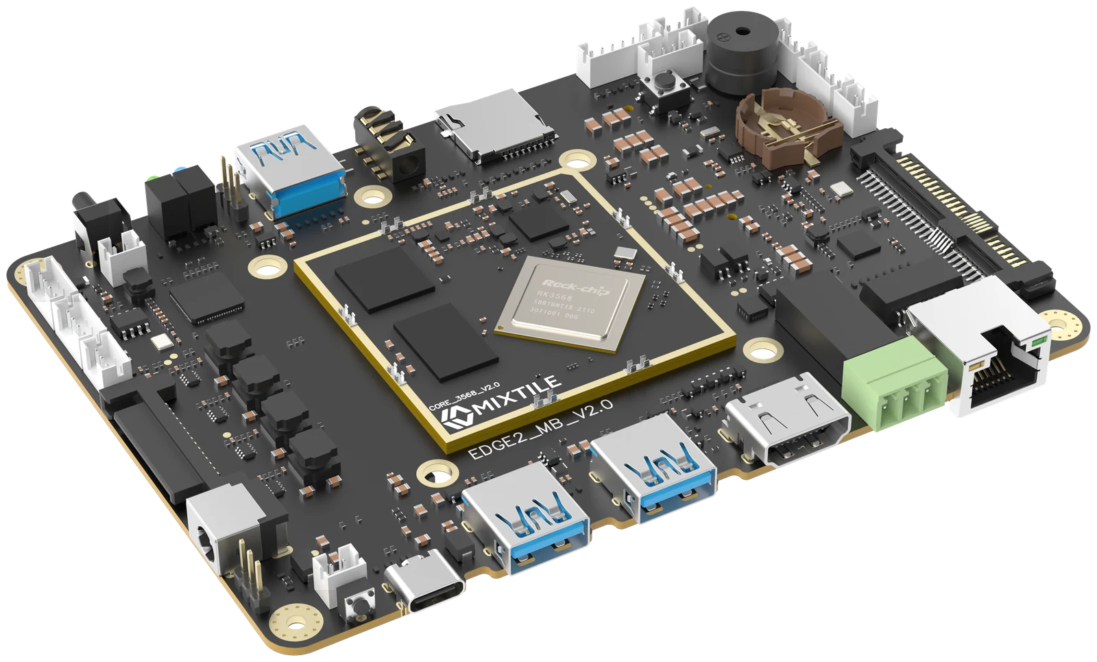 Mixtile Edge 2 board with the Core 3568 module in the middle, the USB, HDMI, RS-485 and Ethernet ports along the front edge, and the U.2 connector on the right edge