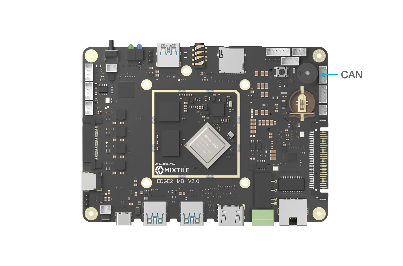 Top view of the Edge 2 board with the CAN connector on the right edge marked