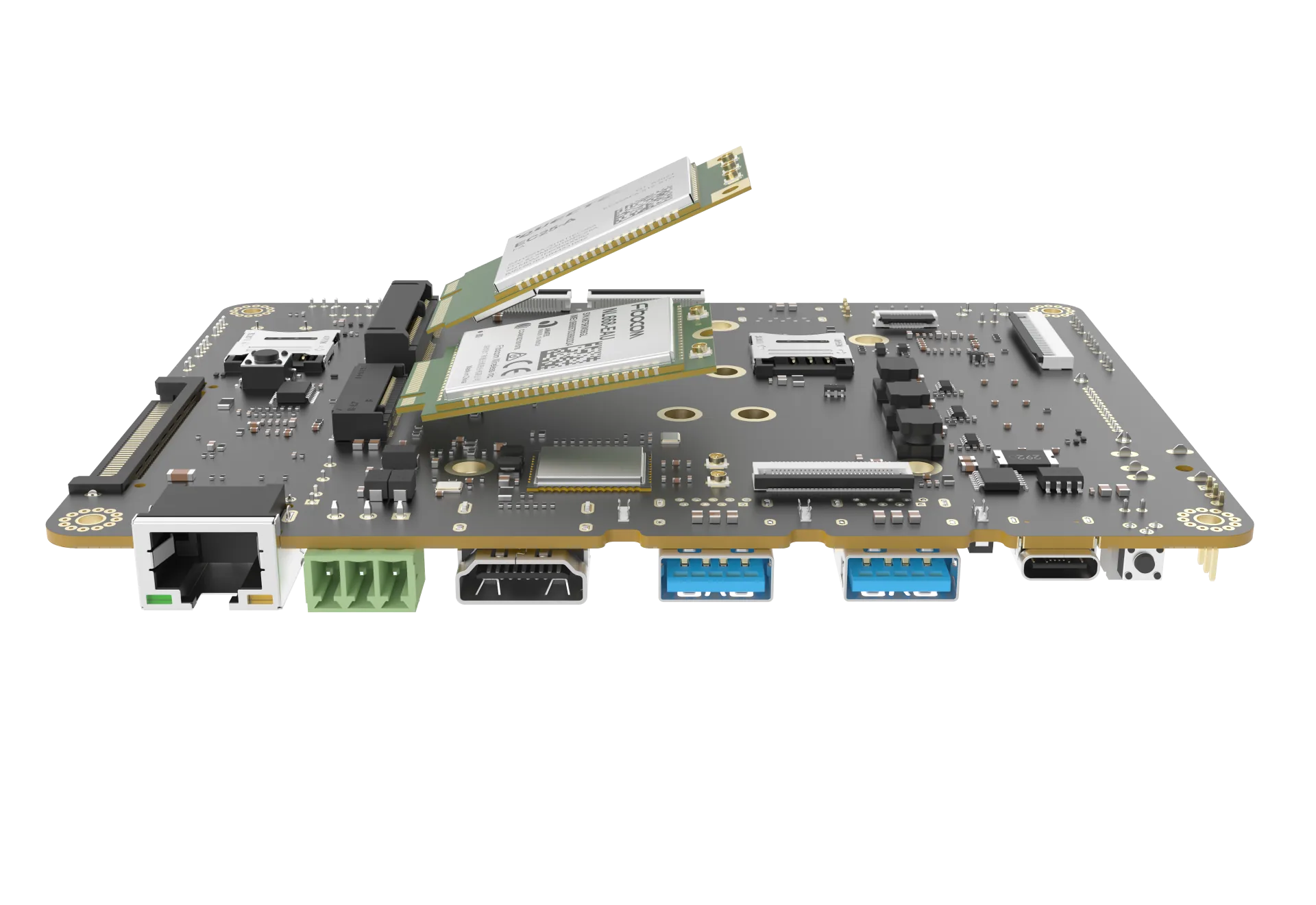 Edge 2 board with a 4G module and a 5G module above its M.2 and Mini PCIe sockets