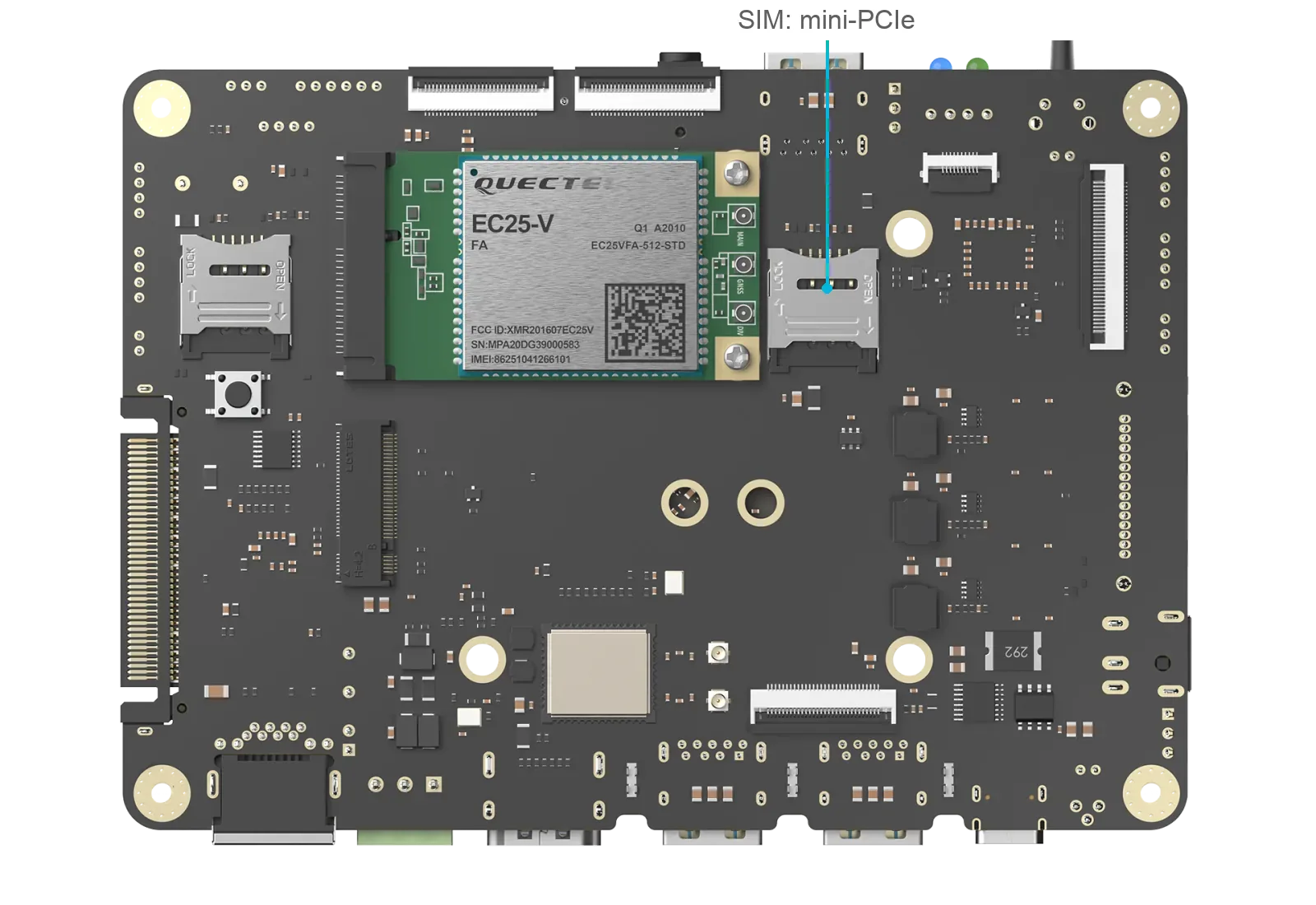 EC25-V in the Mini PCIe socket, with the SIM: mini-PCIe slot marked