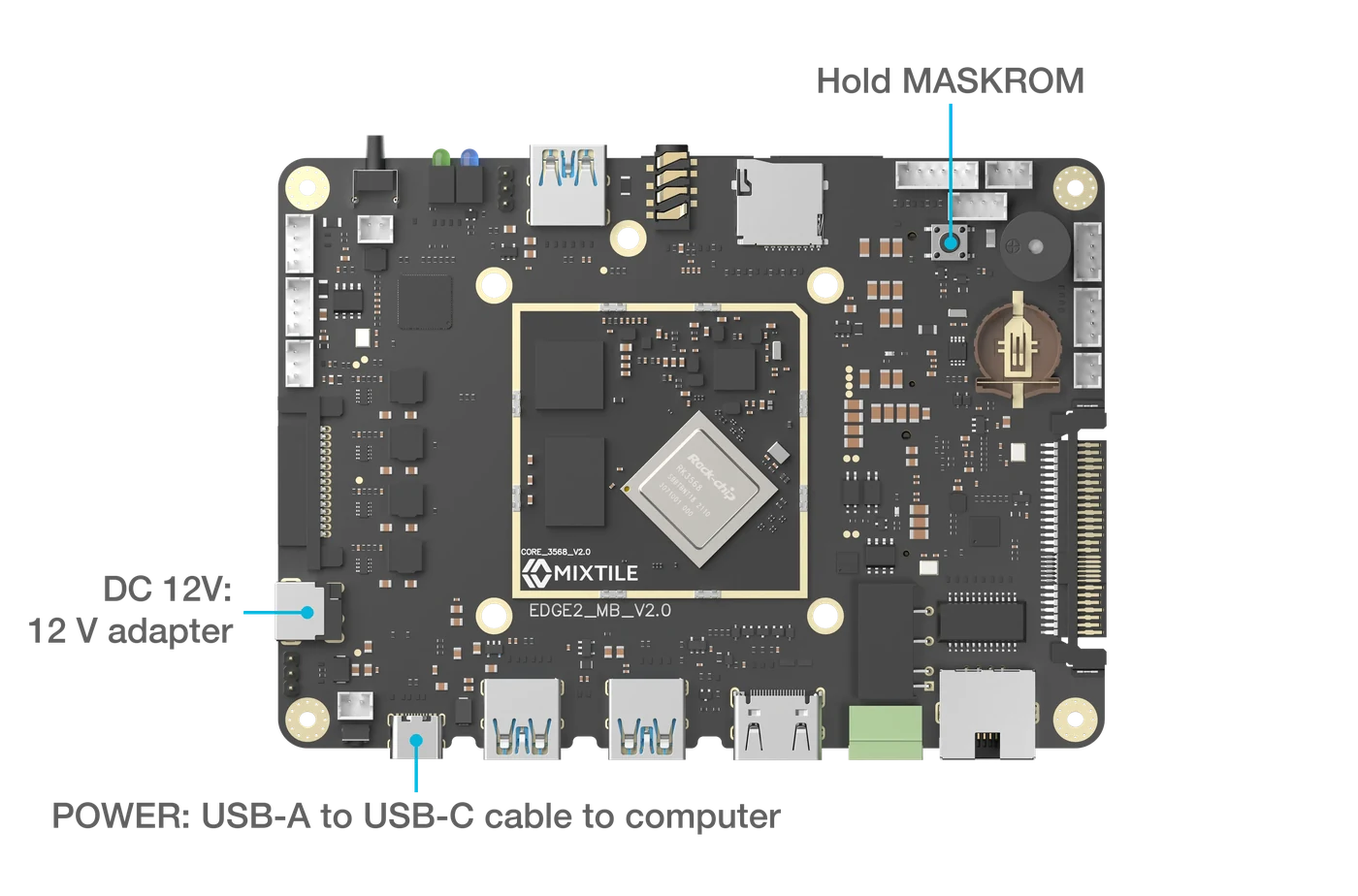 Top view of the Edge 2 board: the POWER USB-C port goes to the computer through a USB-A to USB-C cable, the DC 12V jack goes to a 12 V adapter, and MASKROM is held down