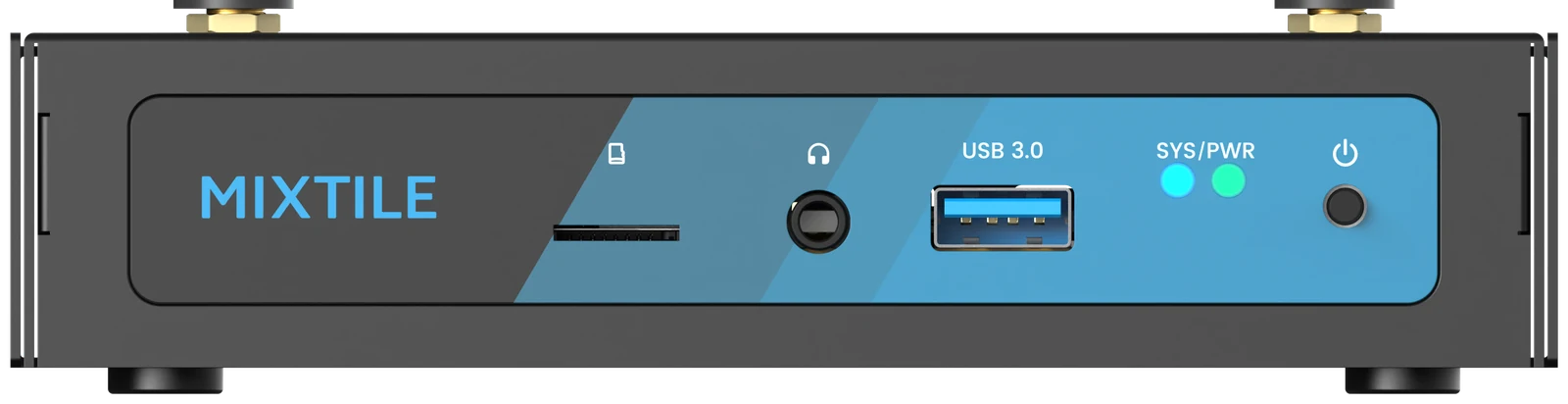 Front panel of the Edge 2 Kit: microSD slot, headphone jack, USB 3.0 port, SYS and PWR LEDs and the power button