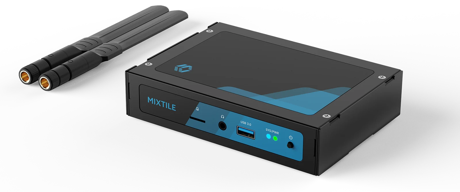 Edge 2 Kit in its black enclosure, front panel with the microSD slot, headphone jack, USB 3.0 port, SYS and PWR LEDs and power button, with two antennas beside it