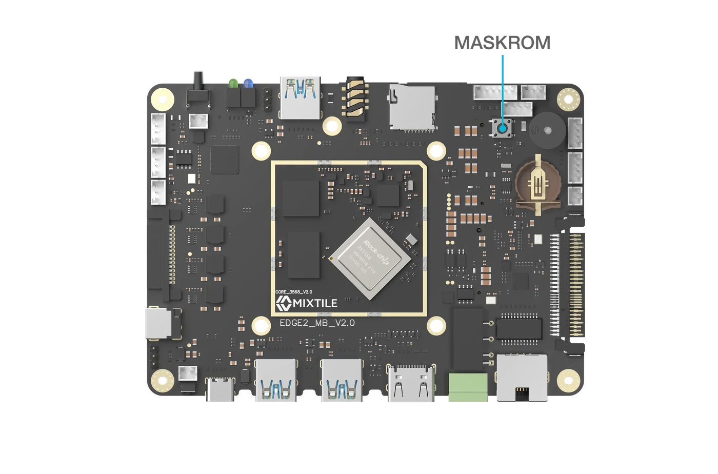 Top view of the Edge 2 board with the MASKROM button marked near the upper right corner