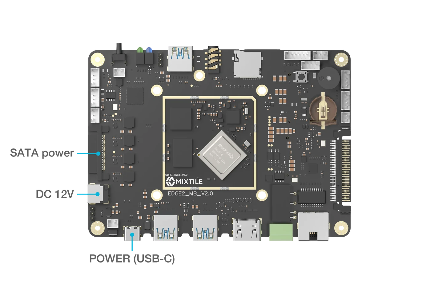 Top view of the Edge 2 board with the POWER USB-C port, the DC 12V jack and the SATA power connector marked