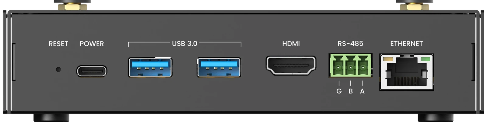 Rear panel of the Edge 2 Kit: RESET, POWER USB-C, two USB 3.0 ports, HDMI, the RS-485 terminal labelled G, B, A, and Ethernet