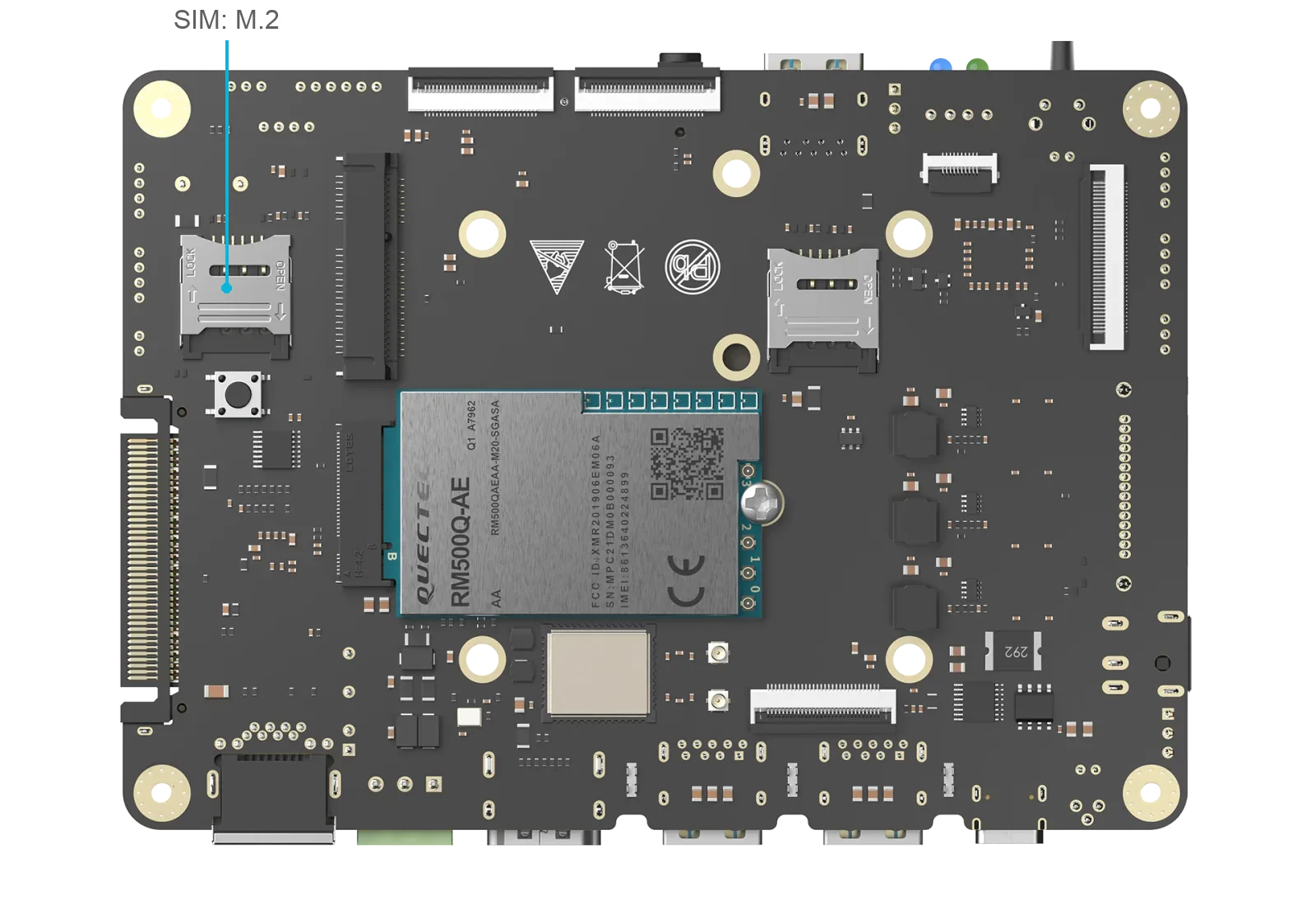 RM500Q-AE in the M.2 socket, with the SIM: M.2 slot marked
