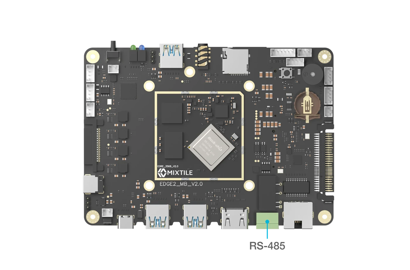 Top view of the Edge 2 board with the RS-485 terminal block marked between HDMI and Ethernet