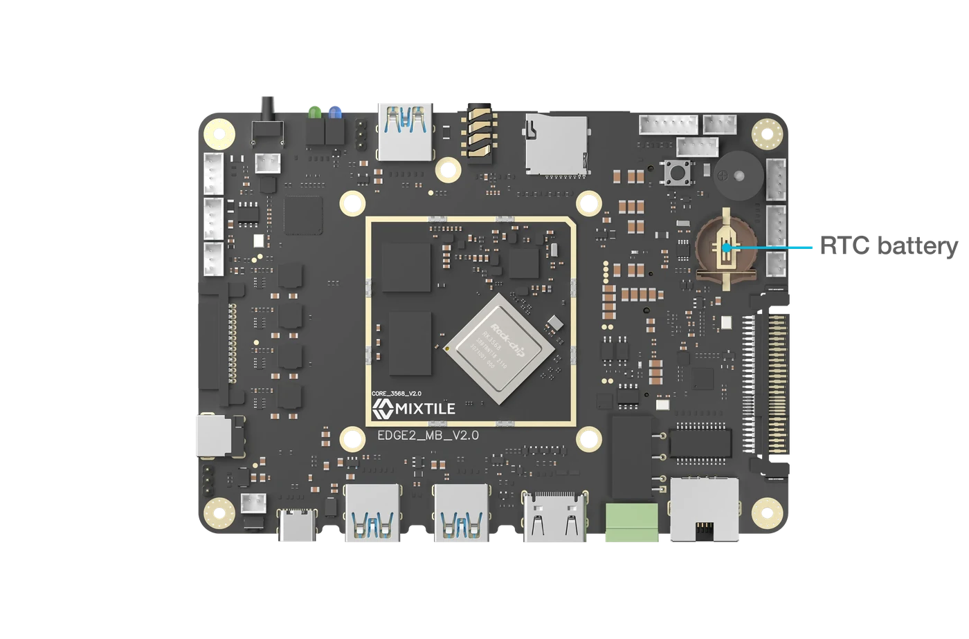 Top view of the Edge 2 board with the coin-cell holder marked on the right side