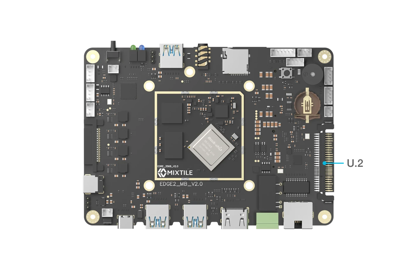 Top view of the Edge 2 board with the U.2 connector marked on the short edge