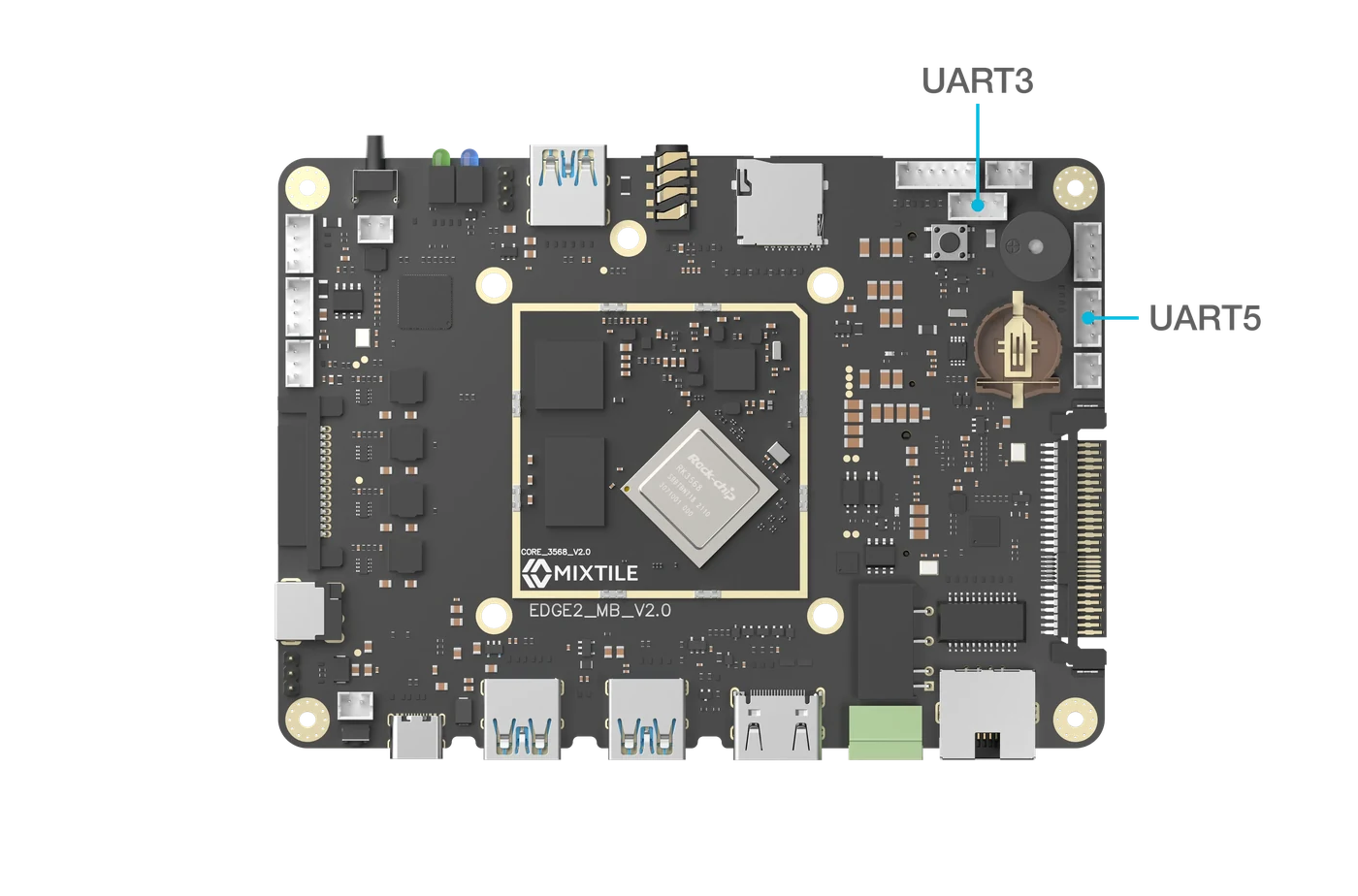 Top view of the Edge 2 board with the UART3 connector near the upper right corner and the UART5 connector on the right edge marked