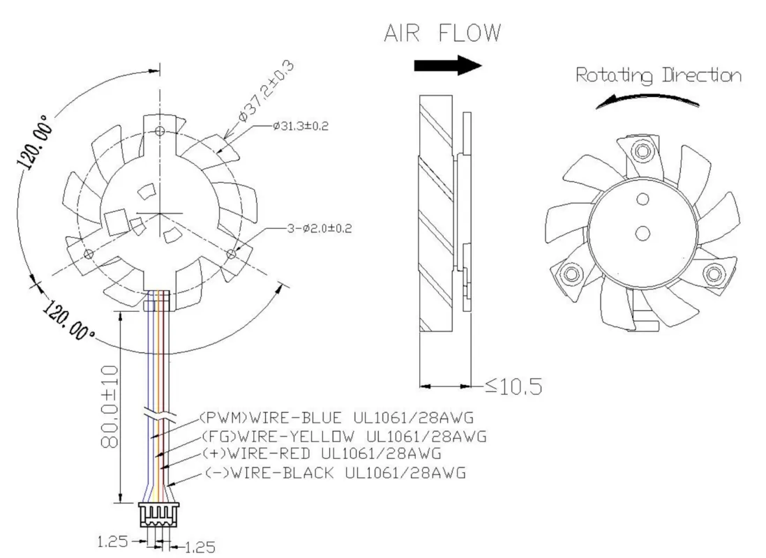 Drawing of the fan, with its 80 mm cable and the wire order of its four-pin connector: PWM (blue), FG (yellow), + (red), − (black)