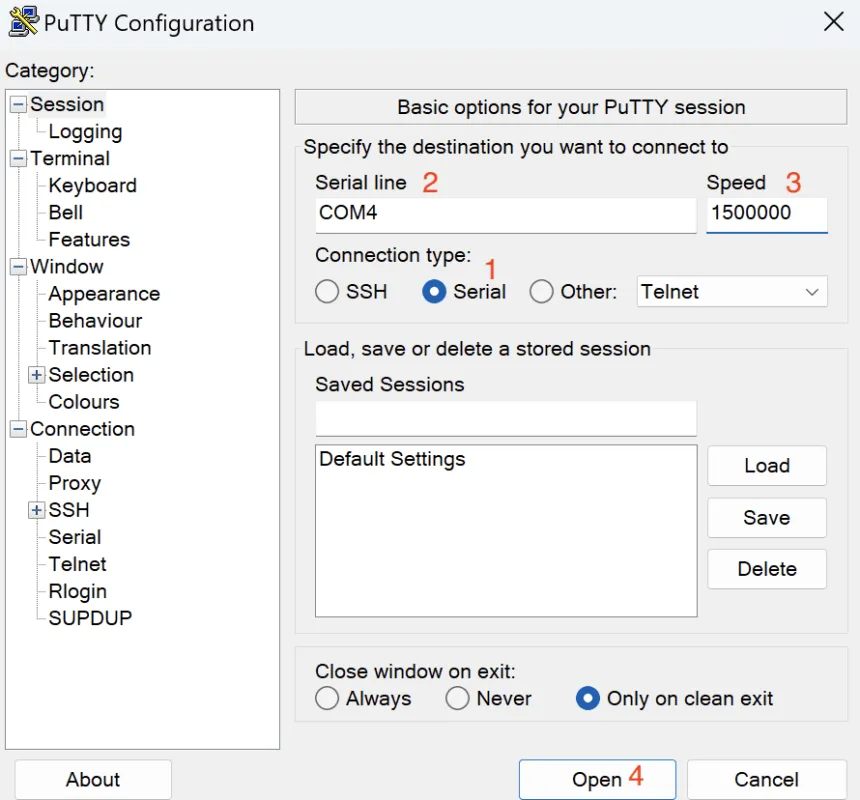 PuTTY set to the serial line and 1500000 baud